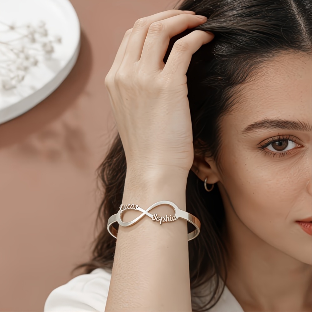 Women's Custom Infinity Loop Name Open Bangle, Engravable Gift